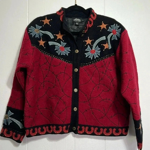 Icelandic Designs Wool Jacket Sweater Holiday Winter M Knit Black Red Vintage - Picture 1 of 10